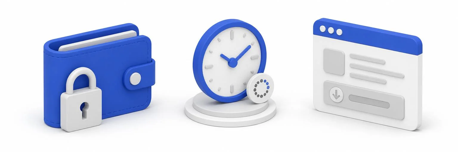 Geldbörse mit Vorhängeschloss, wartende Uhr und Handelsoberfläche mit deaktiviertem Auszahlungsbutton.