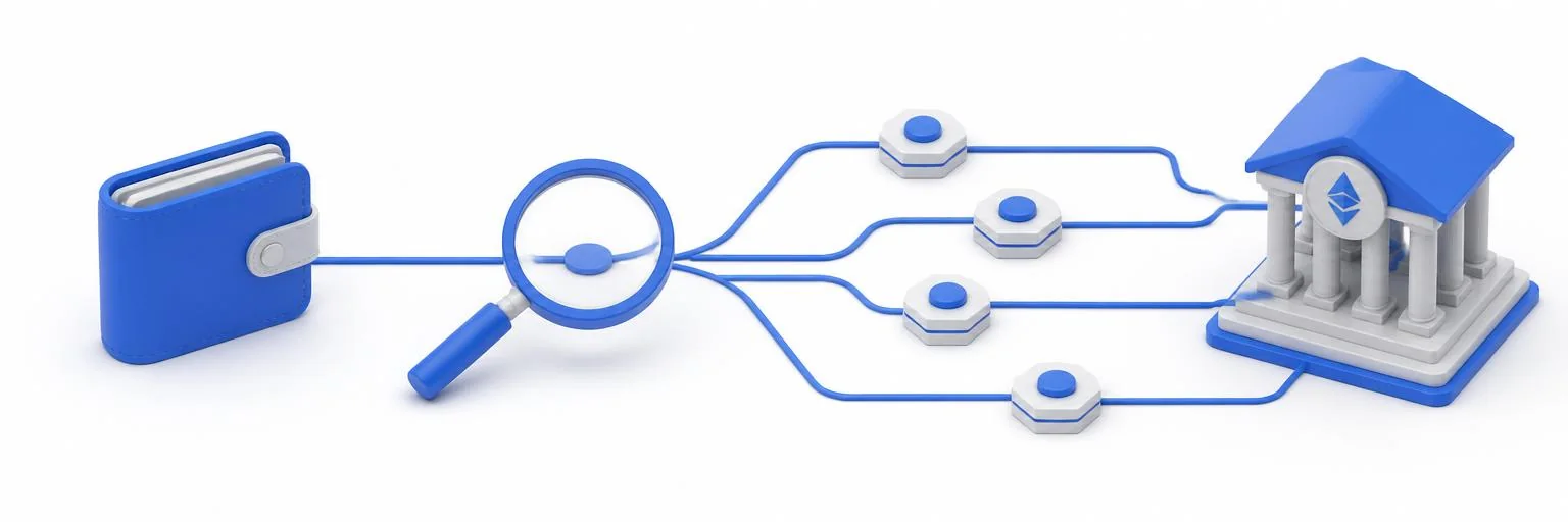 Blockchain-Verfolgung: Wallet, Lupe, verzweigte Transaktionsknoten und eine Krypto-Börse als Endpunkt.
