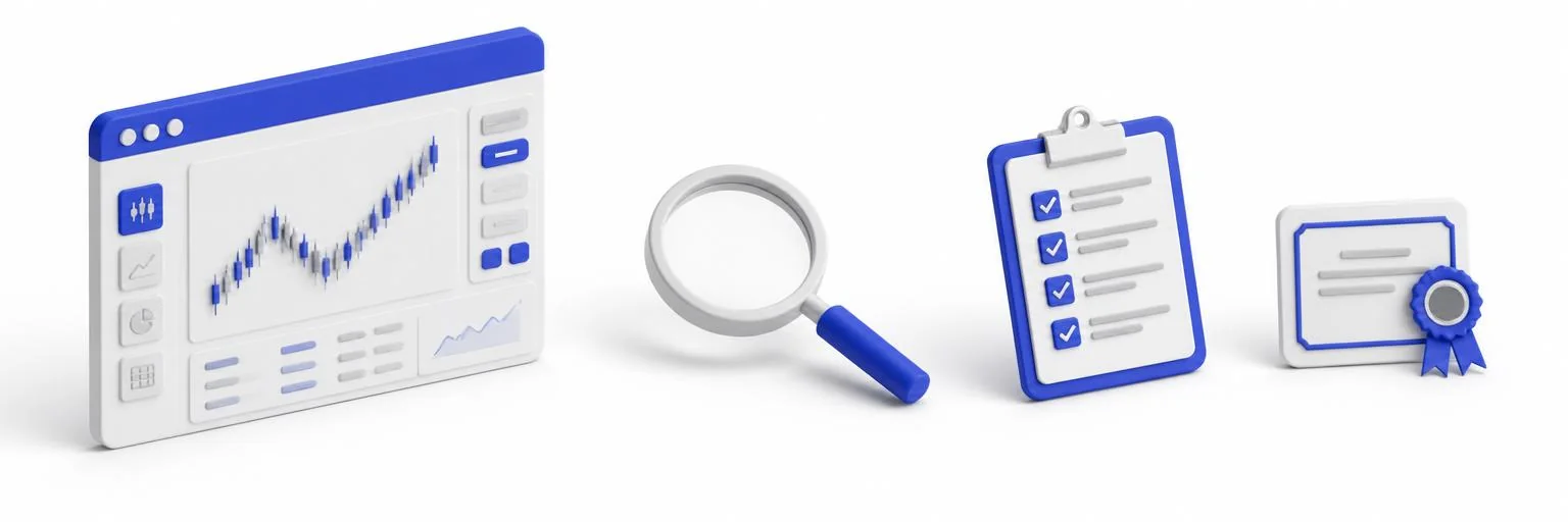 Prüfung einer Krypto-Plattform: Handelsoberfläche, Lupe, Checkliste und Lizenzurkunde.