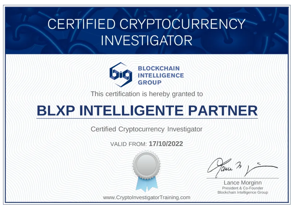 Zertifikat Certified Cryptocurrency Investigator der Blockchain Intelligence Group, ausgestellt 17.10.2022