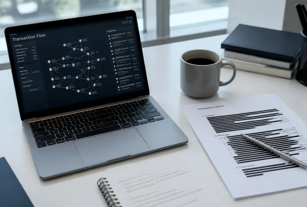 Forensischer Arbeitsplatz: Laptop mit Transaktionsgraph und geschwärzter Berichtsentwurf
